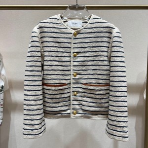 9A+ quality celine cardigan jacket with leather details in striped cotton ivoire/marine