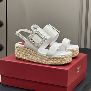 roger vivier strass buckle raffia wedge sandals in leather